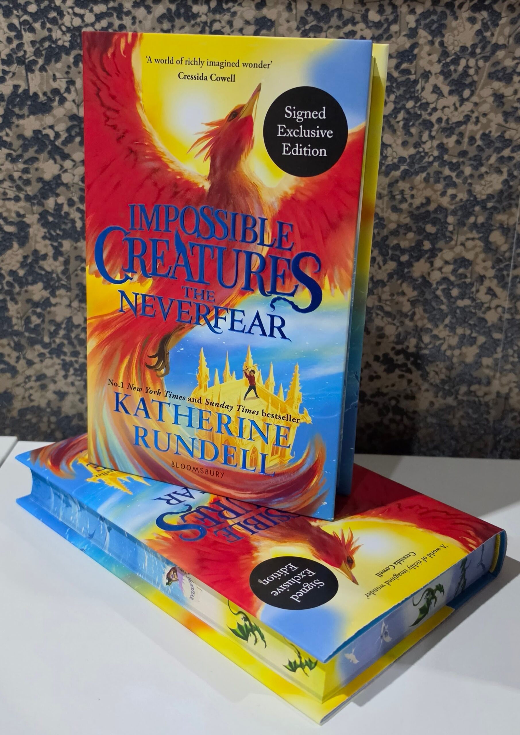 The Neverfear by Katherine Rundell, Waterstones signed exclusive edition, showing the sprayed edge design